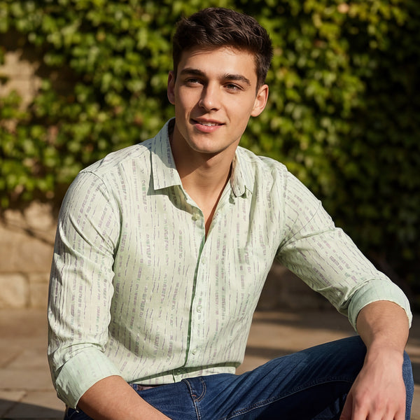 Men's Light Green Printed Slim Fit Shirts