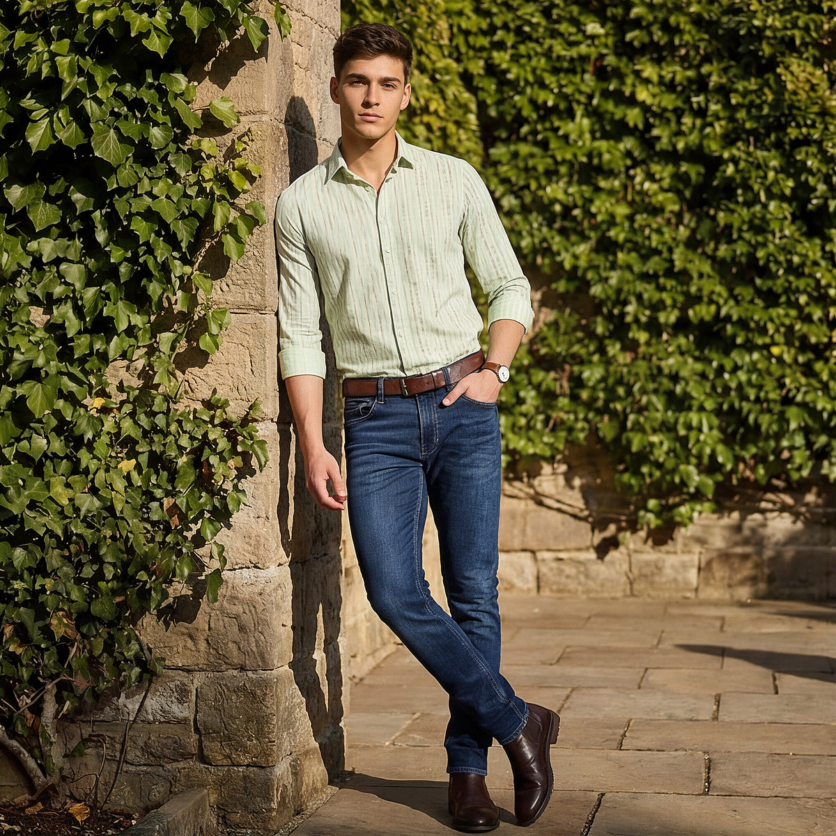 Men's Light Green Printed Slim Fit Shirts