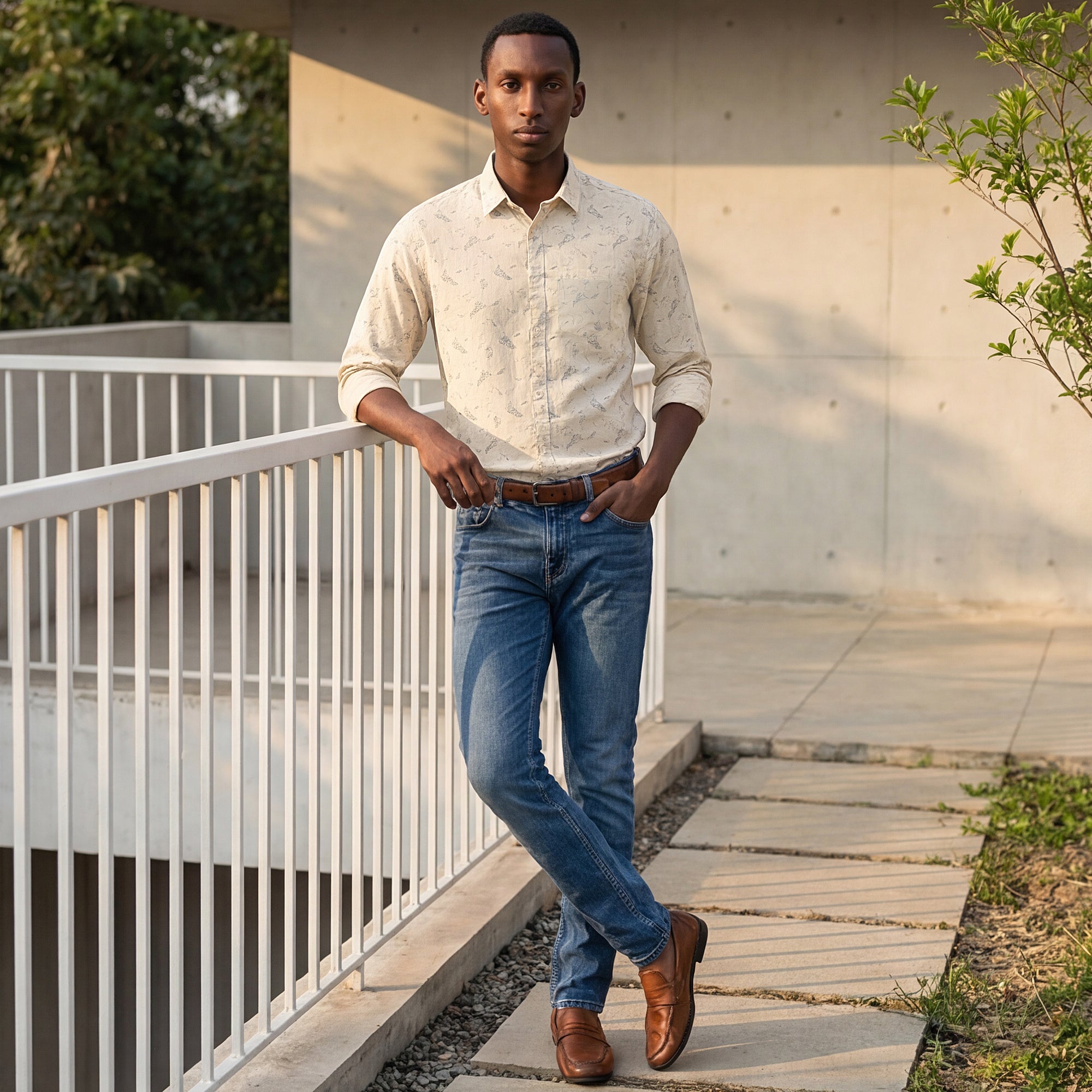 Full Sleeves Slim Fit Cream all-over abstract print Shirt
