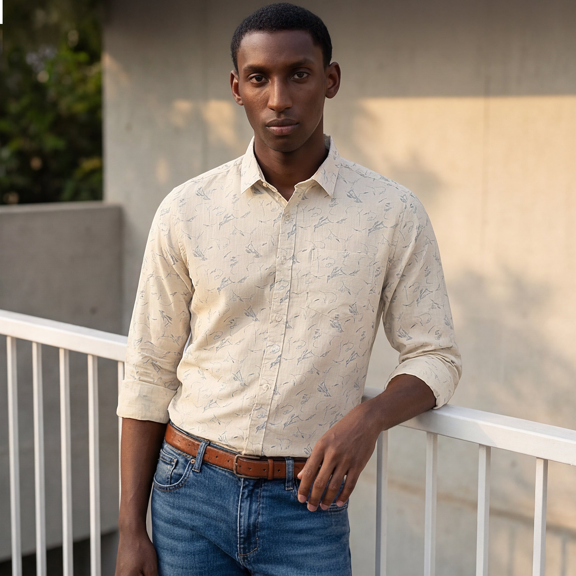 Full Sleeves Slim Fit Cream all-over abstract print Shirt