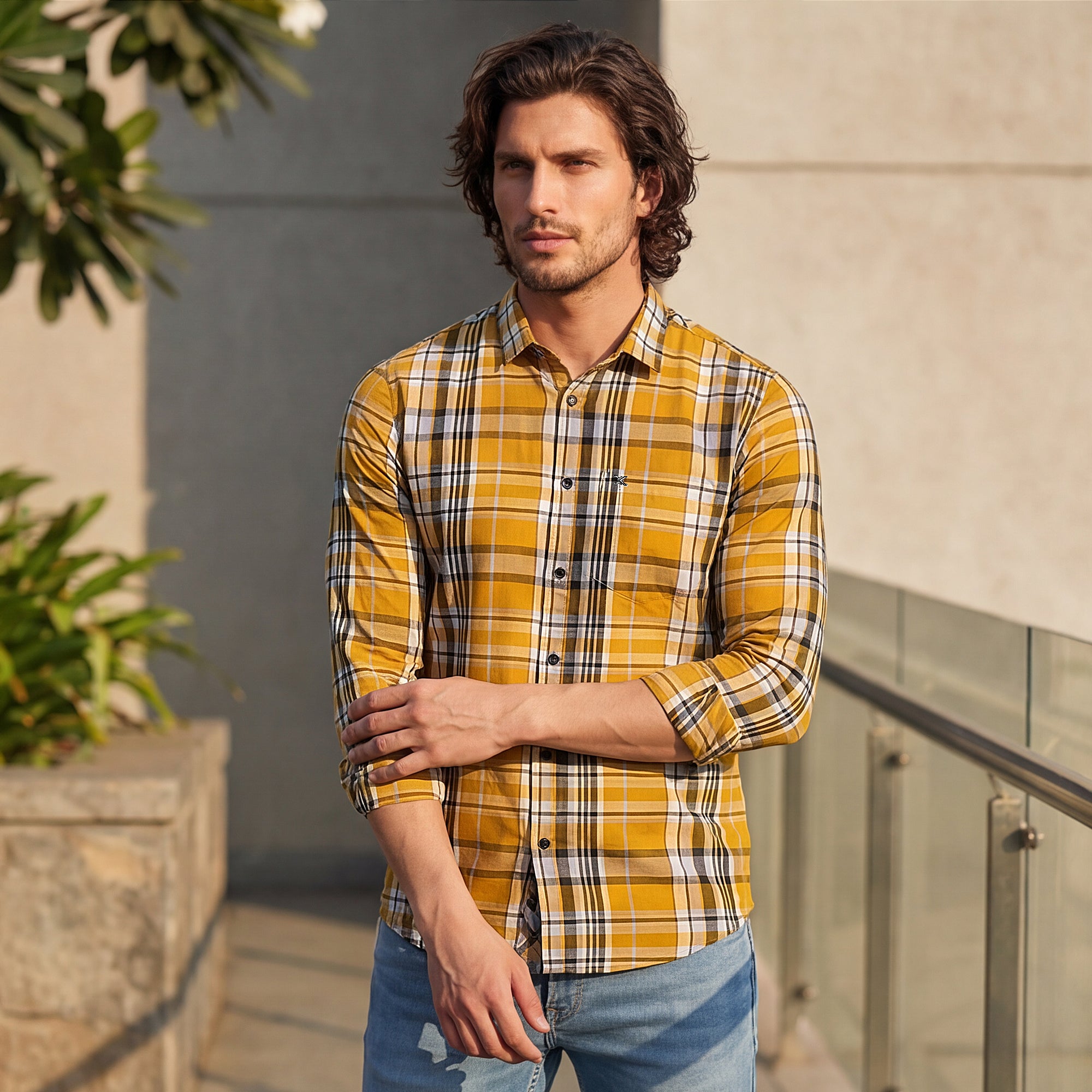 Men Mustard Checks Slim Fit Shirt