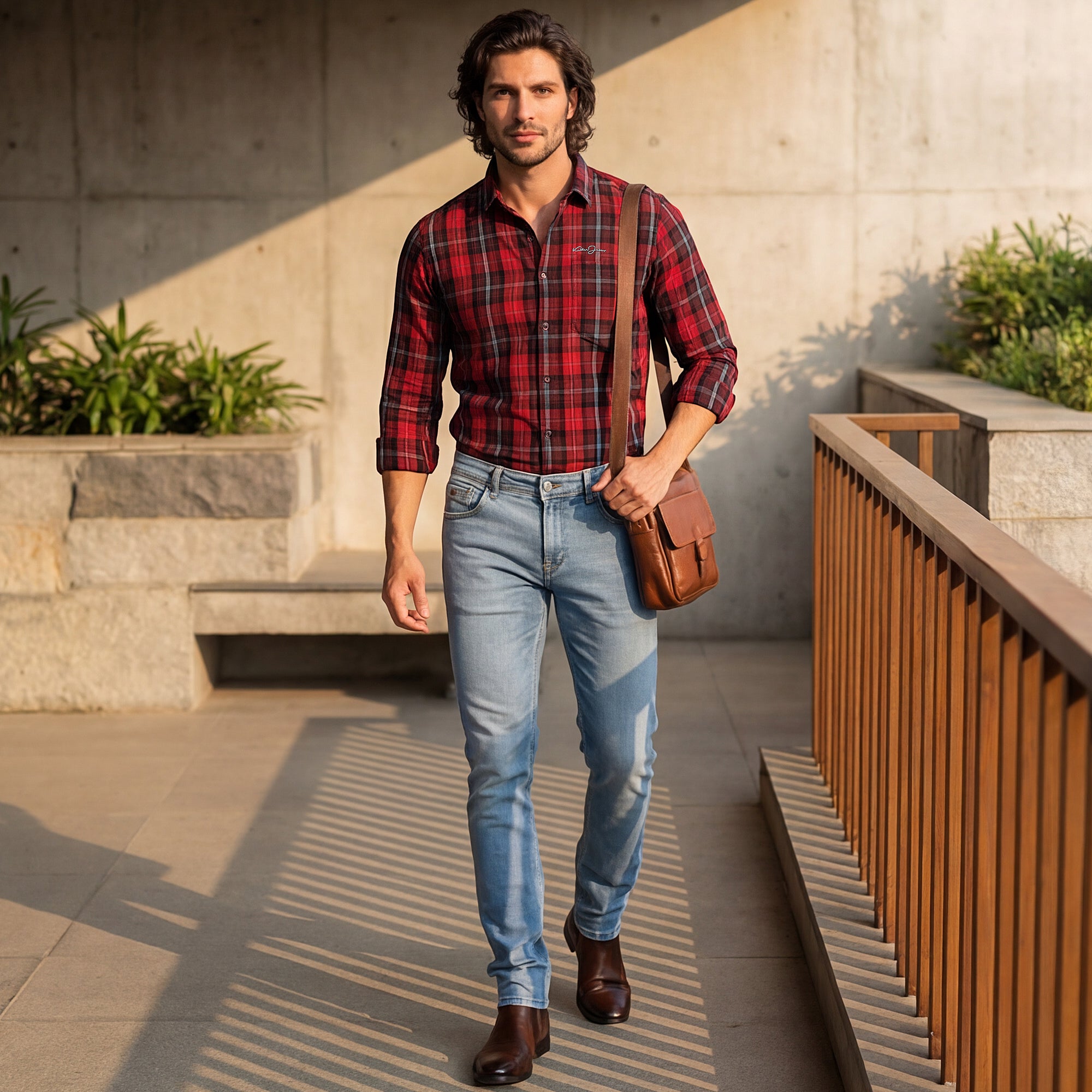 Men Maroon Checks Slim Fit Shirt