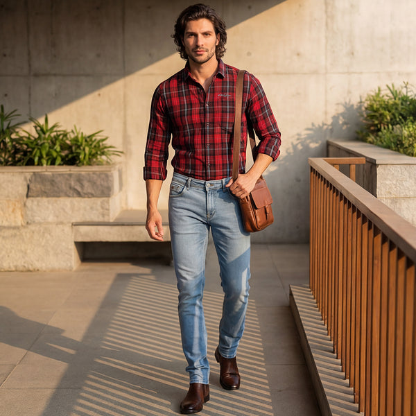 Full Sleeves Slim Fit Maroon Checks Shirt