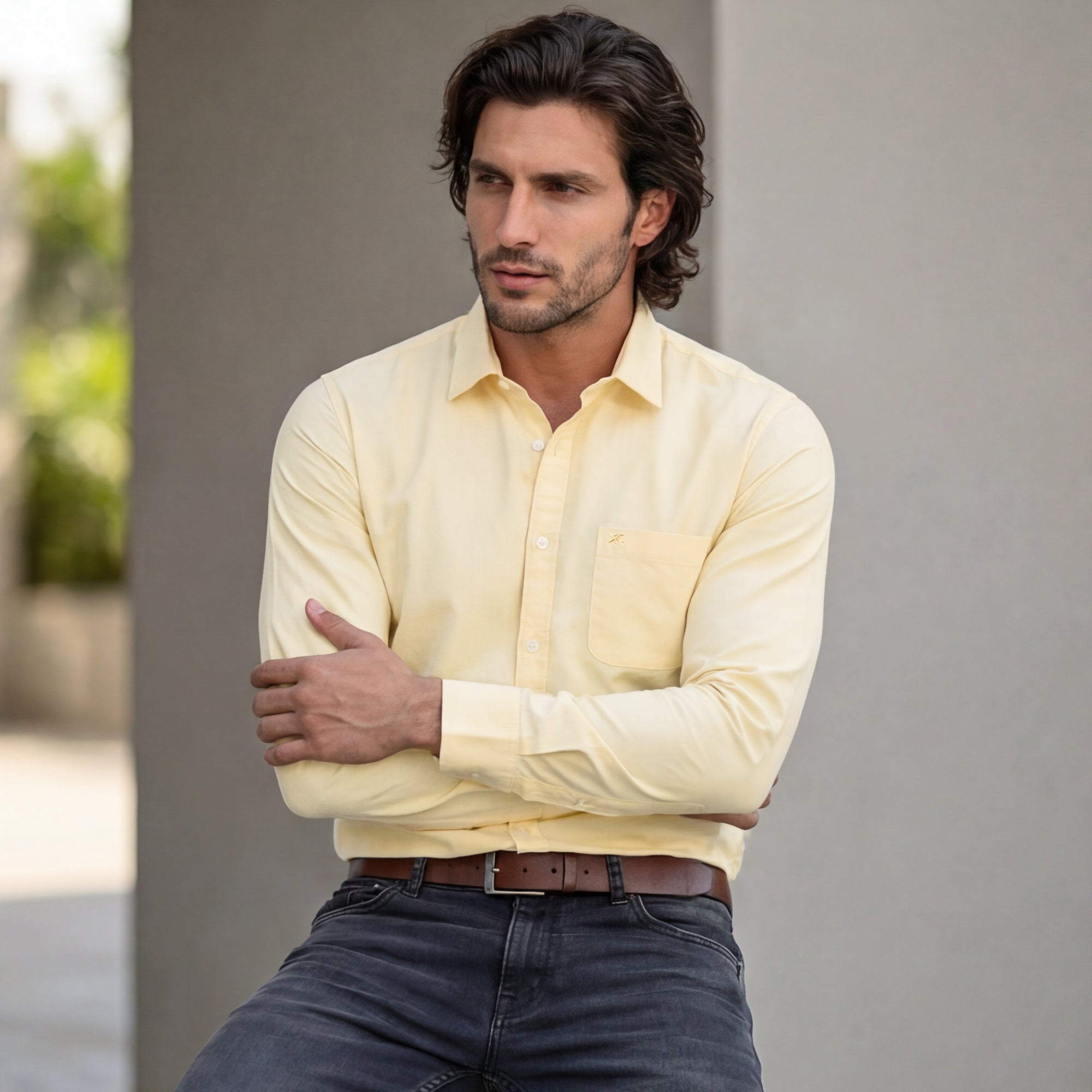 Full Sleeves Slim Fit Lemon Solid Oxford Shirt