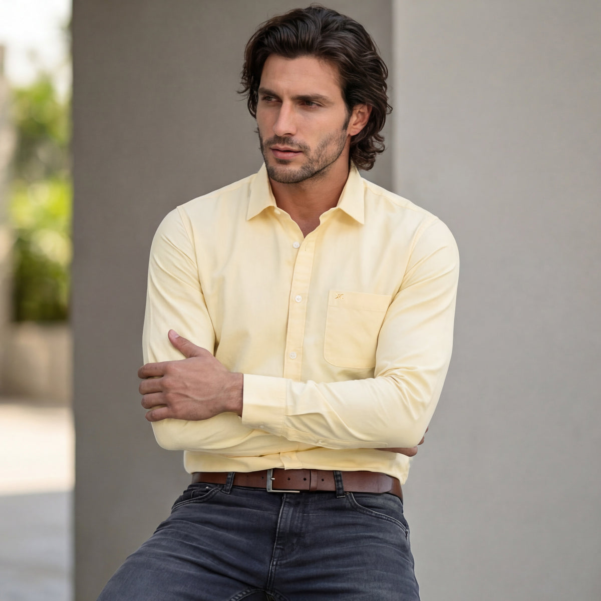 Full Sleeves Slim Fit Lemon Solid Oxford Shirt