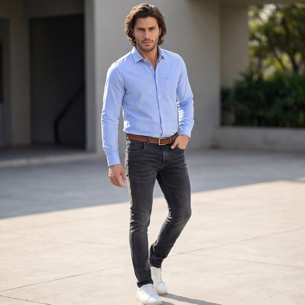 Full Sleeves Slim Fit Blue Solid Oxford Shirt