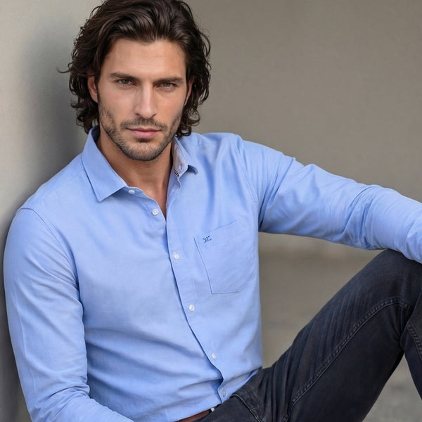 Full Sleeves Slim Fit Blue Solid Oxford Shirt