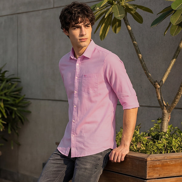 Full Sleeves Slim Fit Pink Solid Oxford Shirt