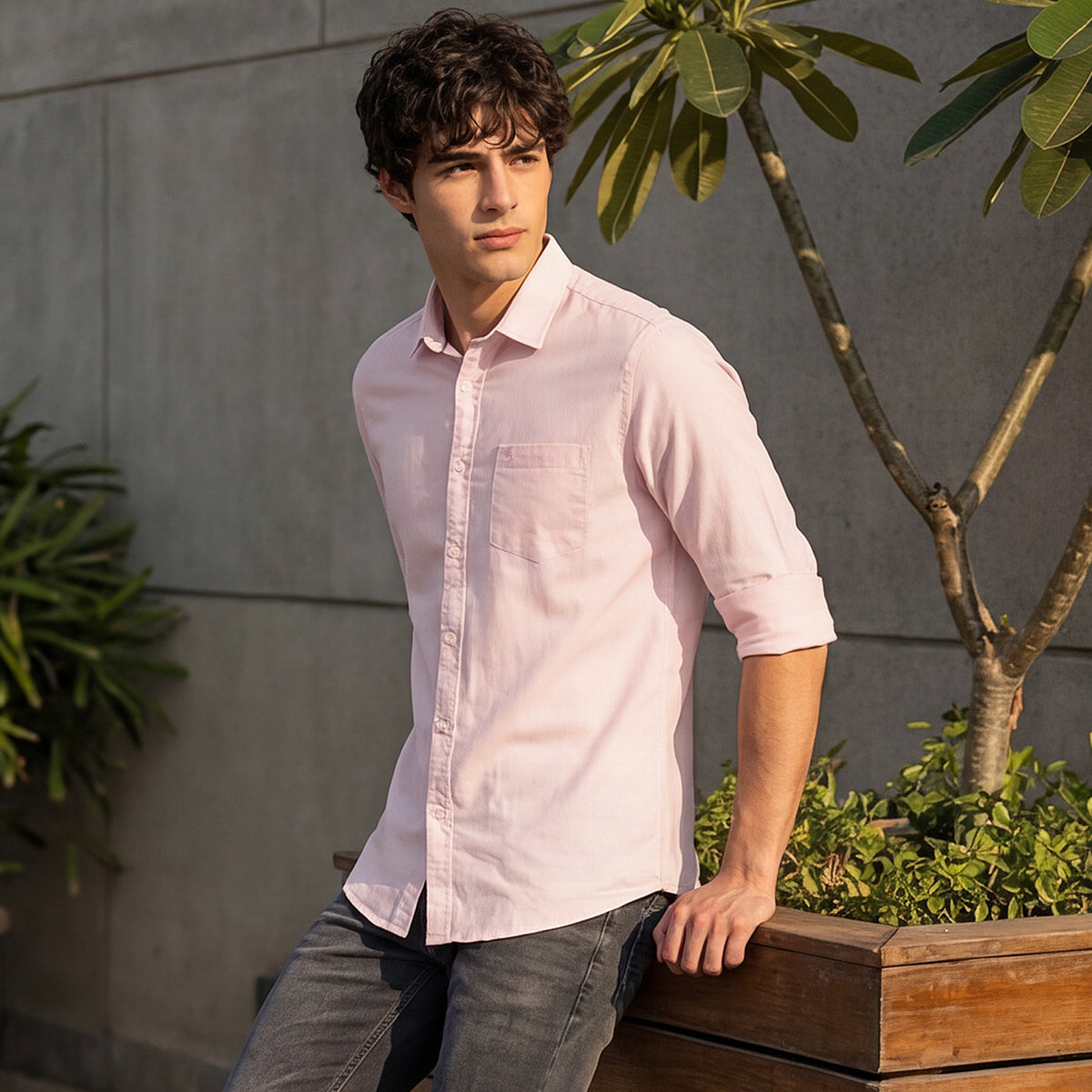 Full Sleeves Slim Fit Peach Solid Oxford Shirt