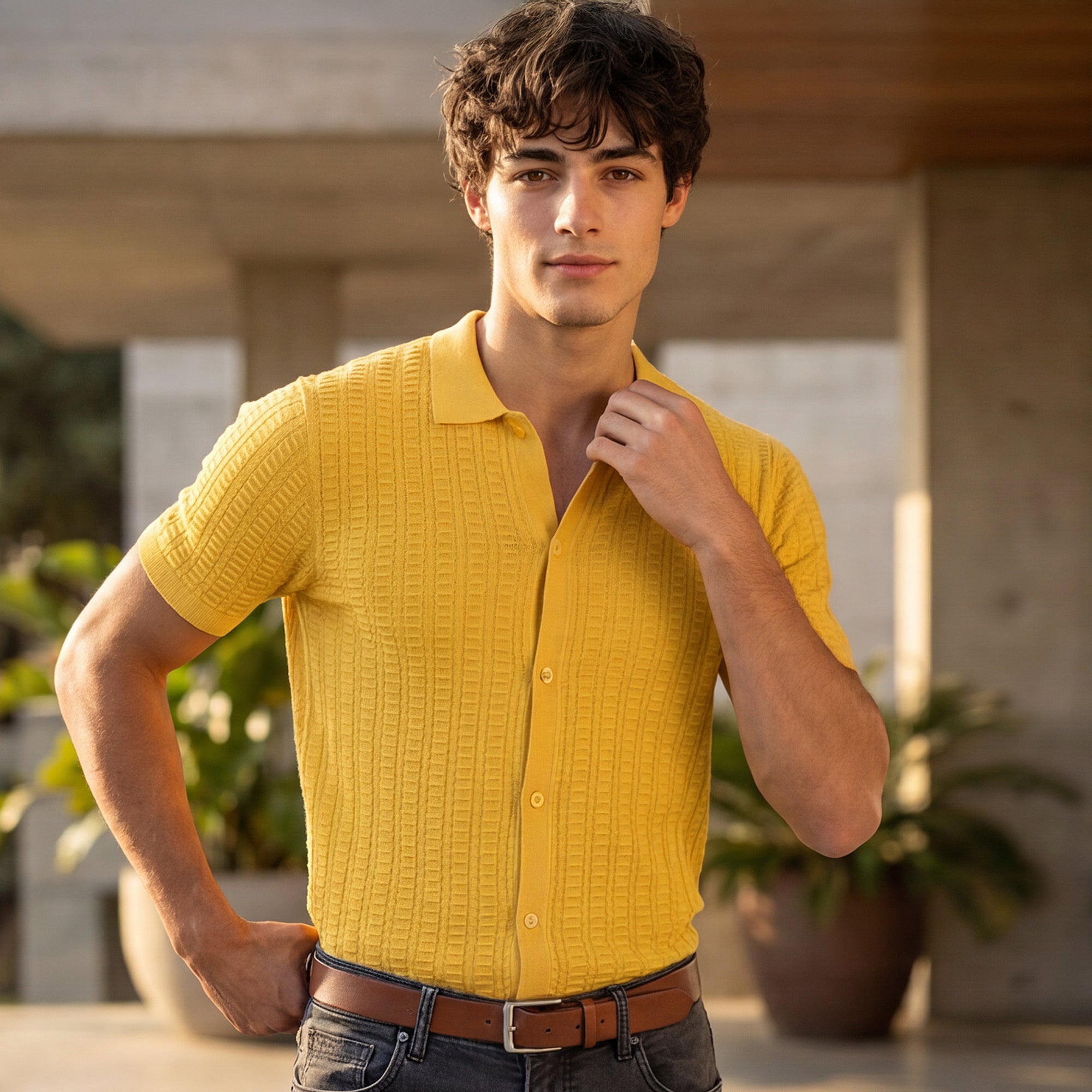 Half Sleeve Slim Fit Mustard Flat knit Shirt