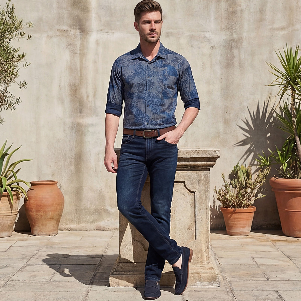 Full sleeves Slim Fit Navy all over Tonal Patchwork Paisley Print Shirt