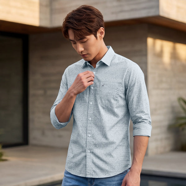 Full sleeves Slim Fit Sky Blue all over Tonal Geometric Print Shirt