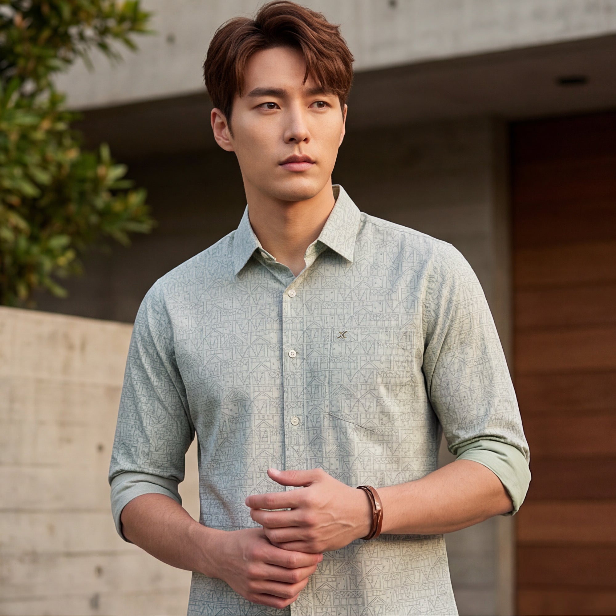 Full sleeves Slim Fit Pista Green all over Tonal Geometric Print Shirt