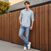 Full sleeves Slim Fit Sky Blue all over Tonal Geometric Print Shirt