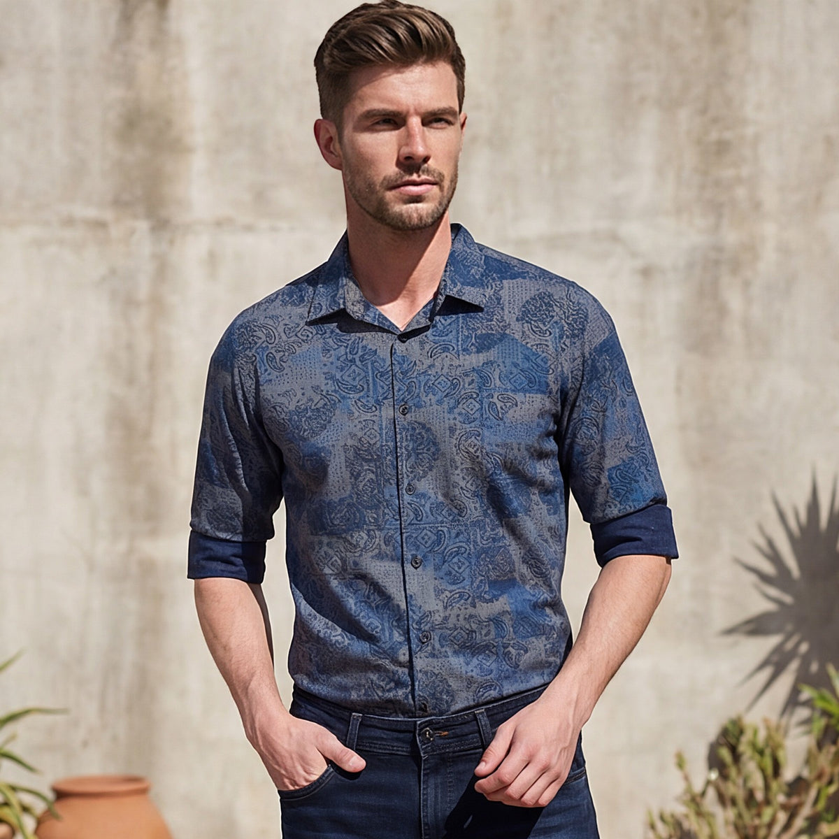 Full sleeves Slim Fit Navy all over Tonal Patchwork Paisley Print Shirt
