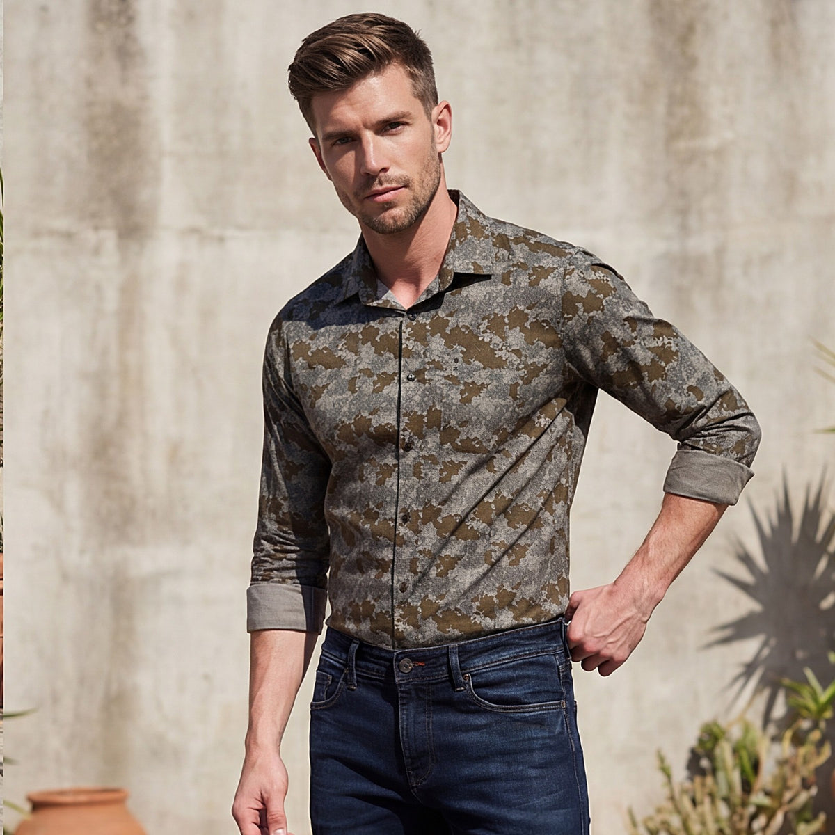Full sleeves Slim Fit Khaki Camau Printed Satin Shirt