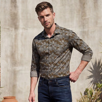 Full sleeves Slim Fit Khaki Camau Printed Satin Shirt