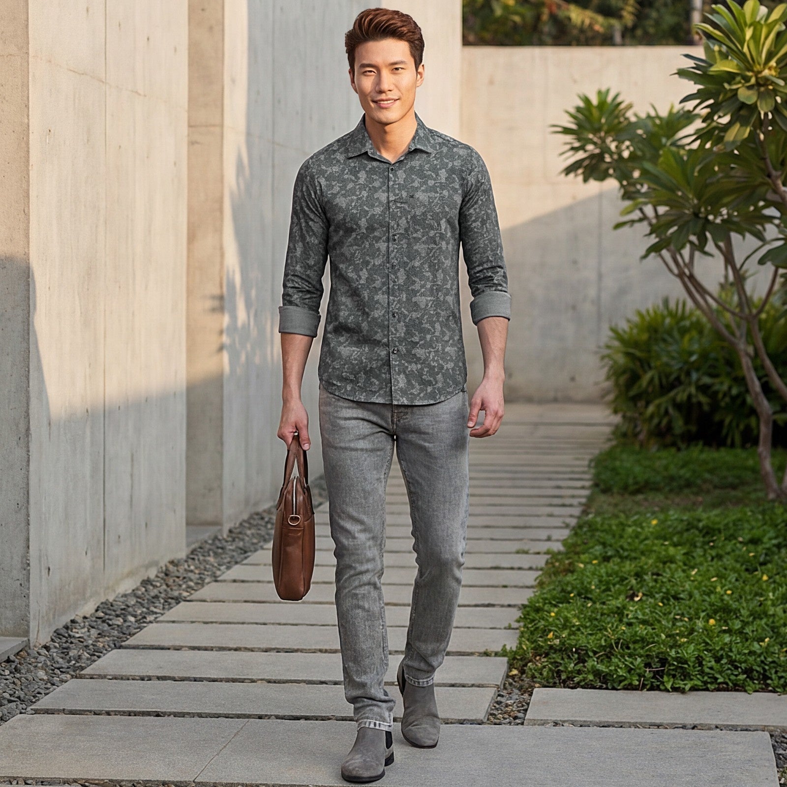 Men Grey Printed Slim Fit Shirt