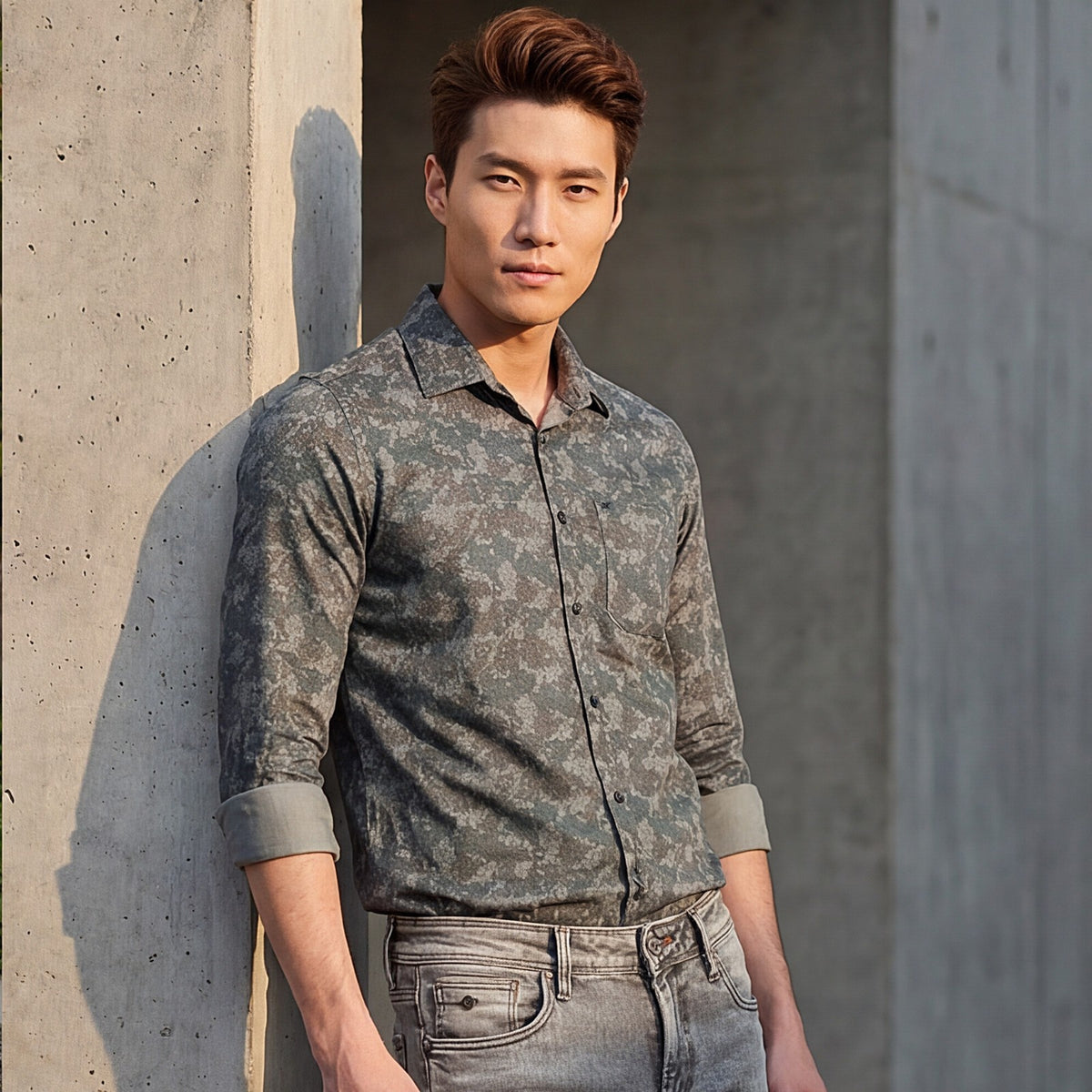 Full sleeves Slim Fit Grey Camau Printed Satin Shirt