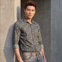 Full sleeves Slim Fit Grey Camau Printed Satin Shirt