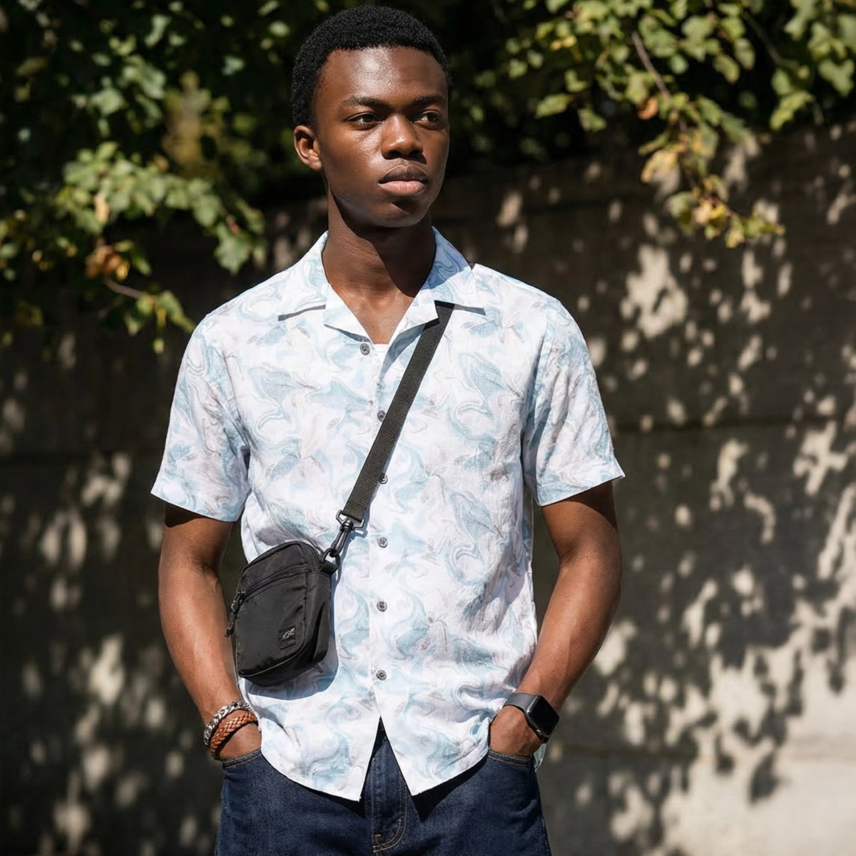 Half Sleeves Regular Fit Sea Green Fluid Marble Cuban Collar Print Shirt