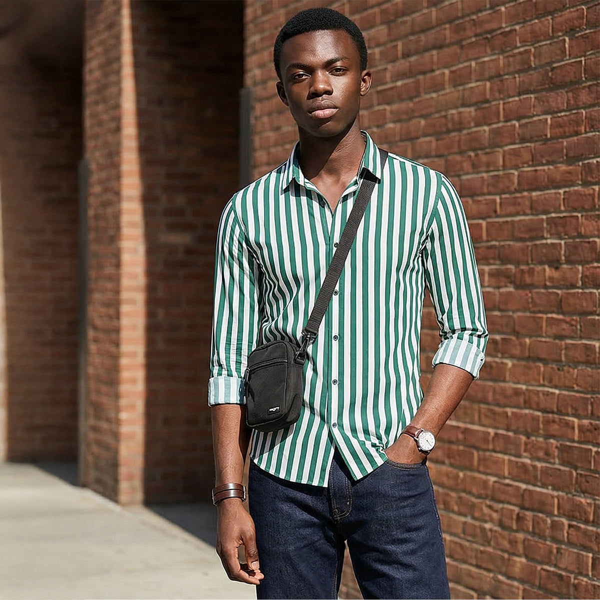 Full Sleeves Slim Fit Green  Fine Knit Sail Stripe Shirt