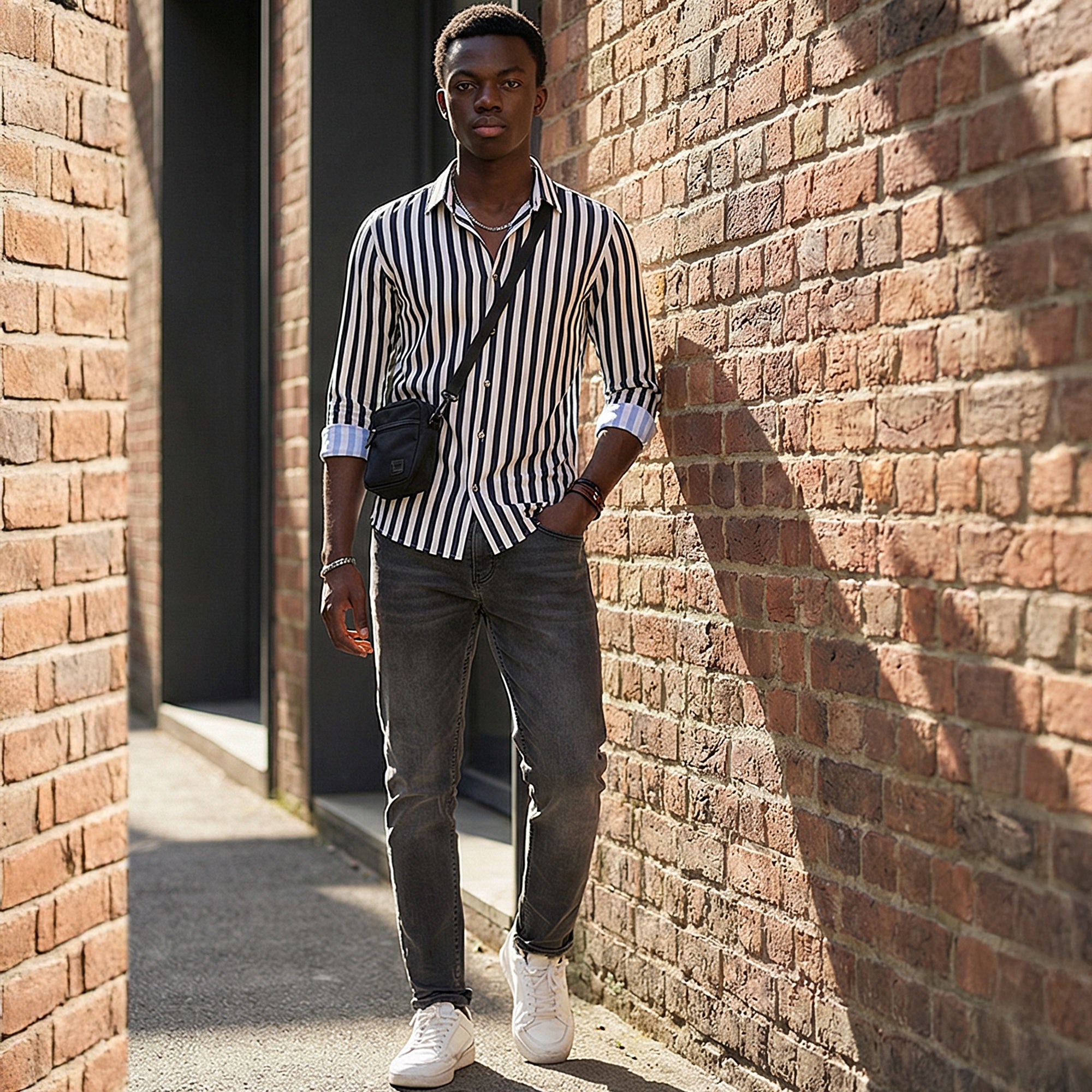 Full Sleeves Slim Fit Black Fine Knit Sail Stripe Shirt