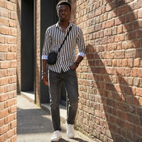 Full Sleeves Slim Fit Black Fine Knit Sail Stripe Shirt