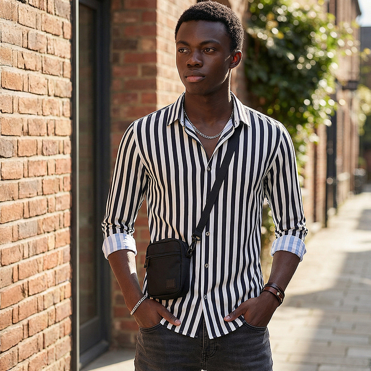 Full Sleeves Slim Fit Black Fine Knit Sail Stripe Shirt