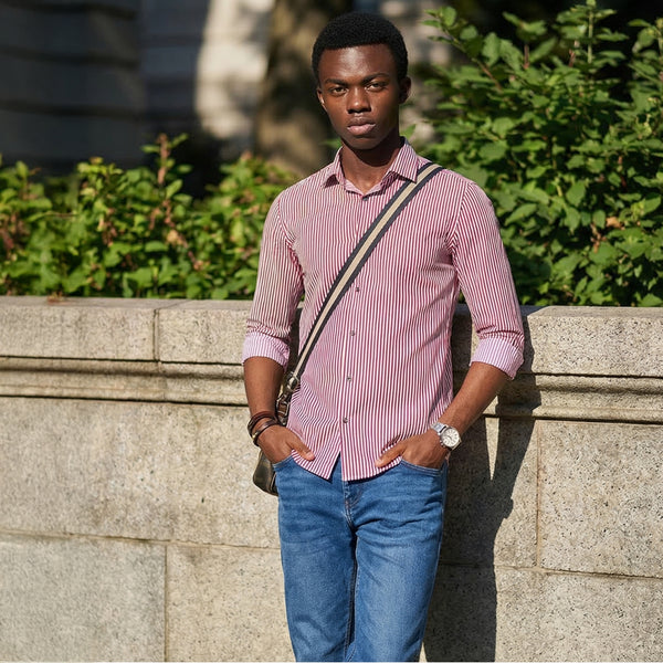 Full Sleeves Slim Fit Maroon Fine Knit Stripe Shirt