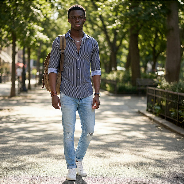 Full Sleeves Slim Fit Navy Fine Knit Stripe Shirt