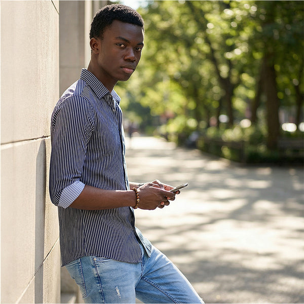 Full Sleeves Slim Fit Navy Fine Knit Stripe Shirt
