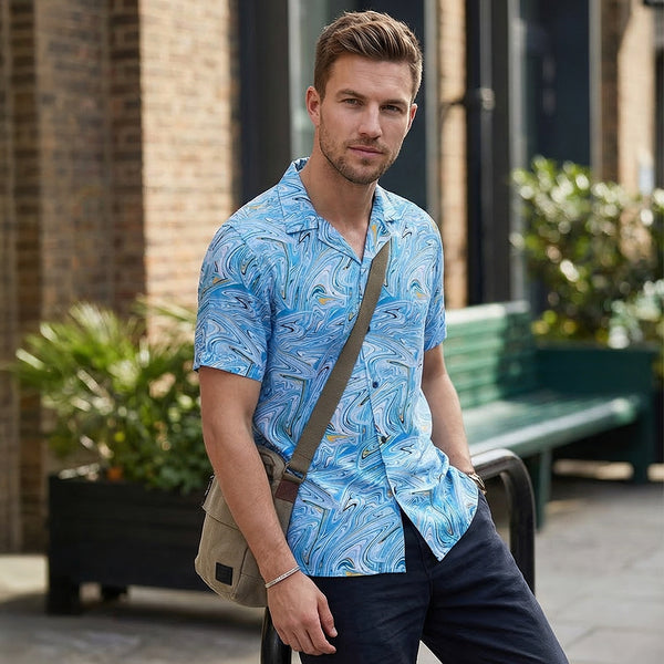 Half Sleeves Regular Fit Aqua Blue Liquid Art Cuban Collar Print Shirt