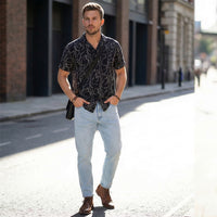 Half Sleeves Regular Fit Black Abstract line-art pattern High-Twisted Cuban Collar Print Shirt