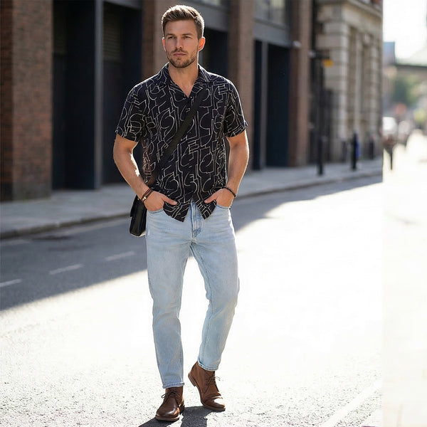 Half Sleeves Regular Fit Black Abstract line-art pattern High-Twisted Cuban Collar Print Shirt