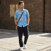 Half Sleeves Regular Fit Aqua Blue Liquid Art Cuban Collar Print Shirt