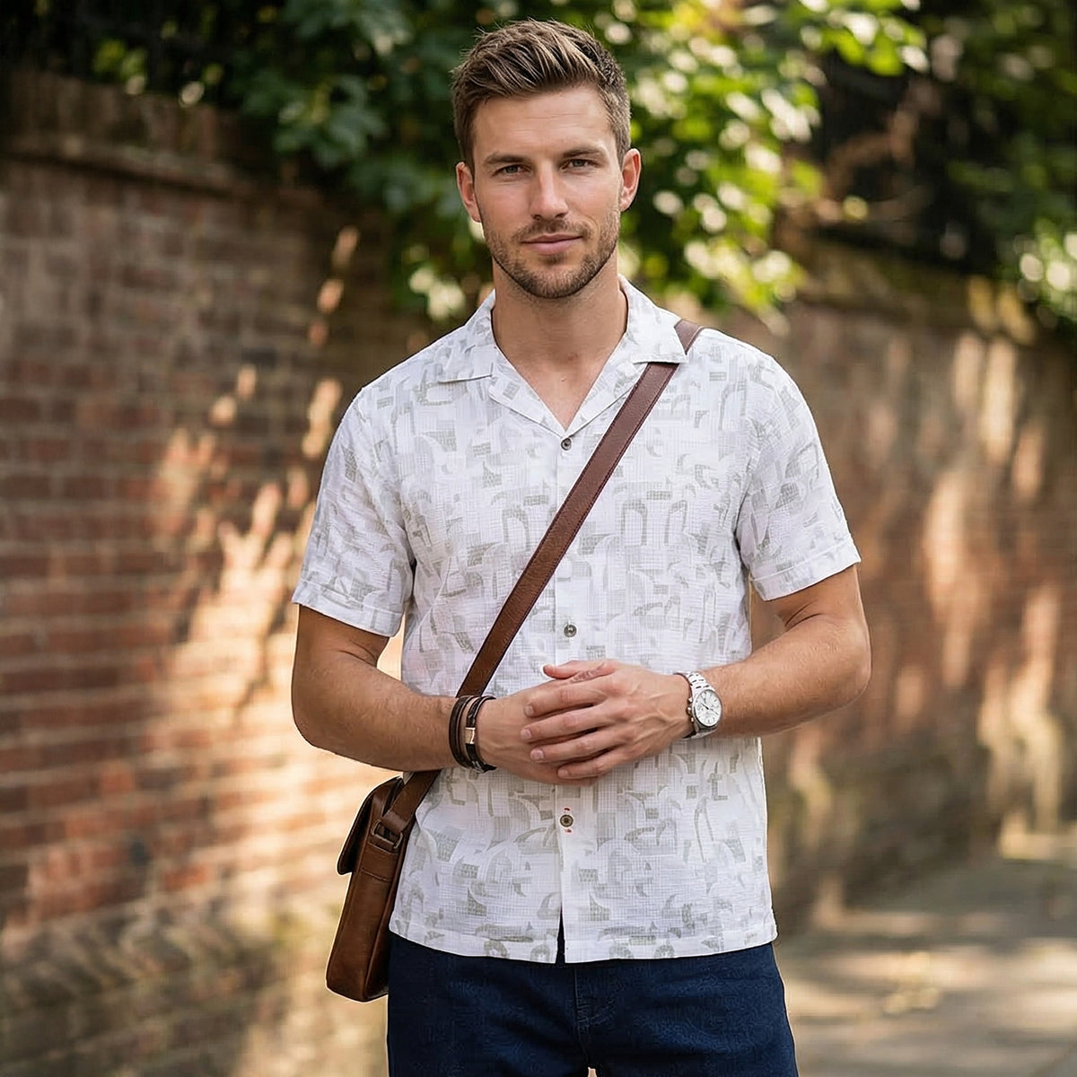 Half Sleeves Regular Fit Olive Geometric Dobby Cuban Collar Print Shirt