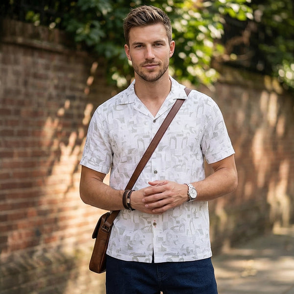 Half Sleeves Regular Fit Olive Geometric Dobby Cuban Collar Print Shirt