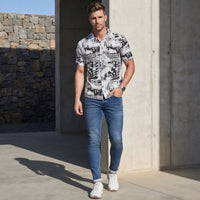 Half Sleeves Regular Fit Grey Monochrome geometric fusion Cuban Collar Print Shirt
