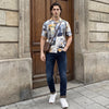 Half Sleeves Regular Fit Grey Bold contemporary abstract collage Cuban Collar Print Shirt