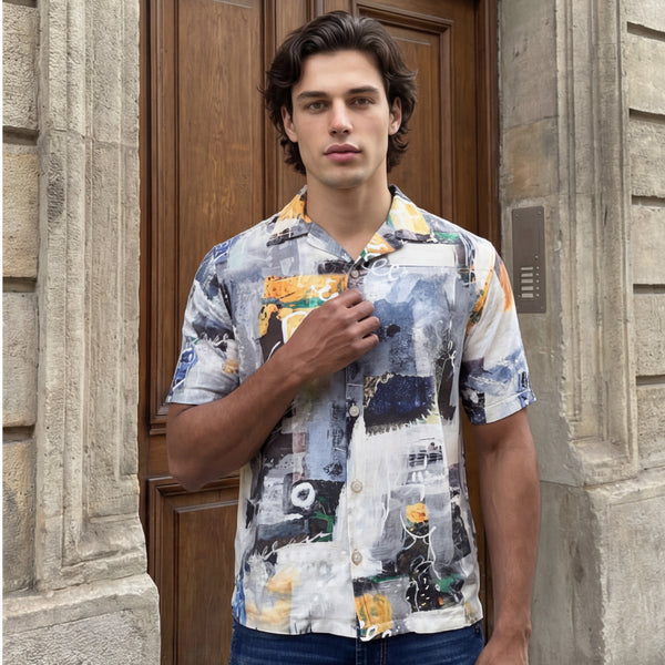 Half Sleeves Regular Fit Grey Bold contemporary abstract collage Cuban Collar Print Shirt