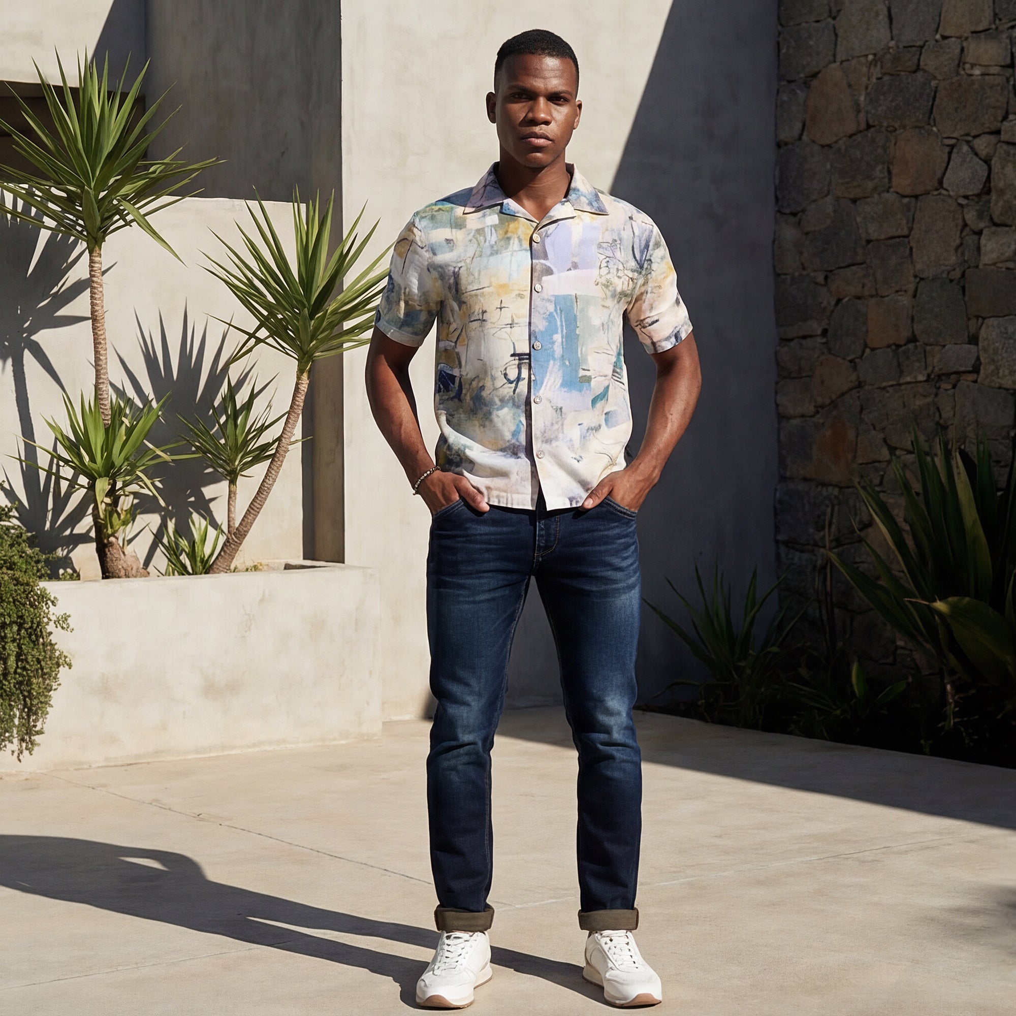 Half Sleeves Regular Fit Grey Bold abstract painterly Cuban Collar Print Shirt