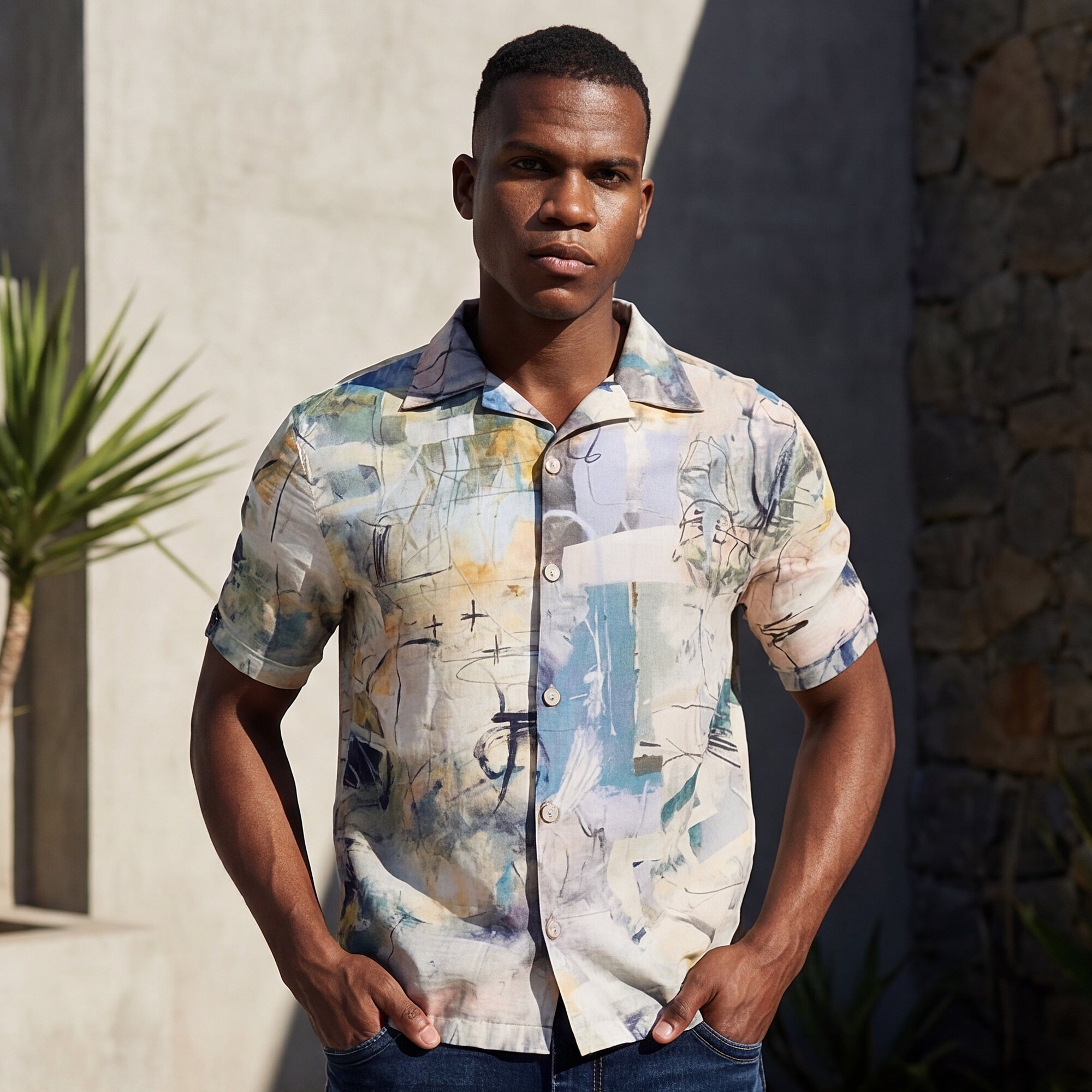 Half Sleeves Regular Fit Grey Bold abstract painterly Cuban Collar Print Shirt