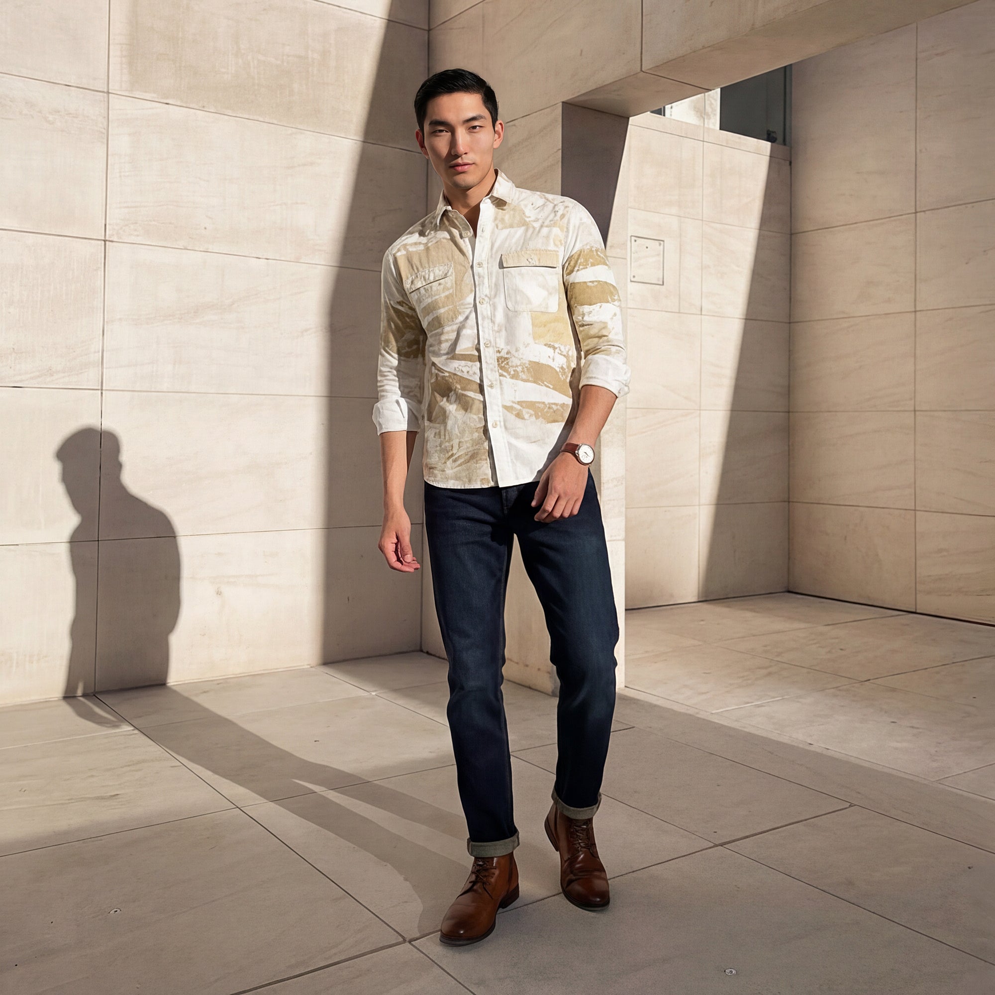 Men Beige Printed Slim Fit Shirt