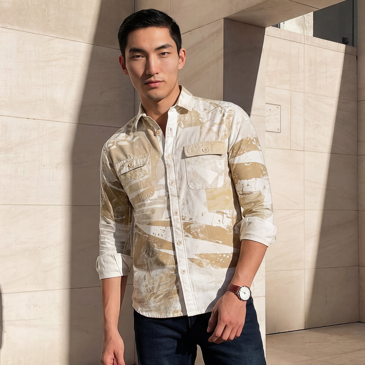 Full Sleeves Slim Fit Beige Camauflage Double Pocket Canvas Print Shirt