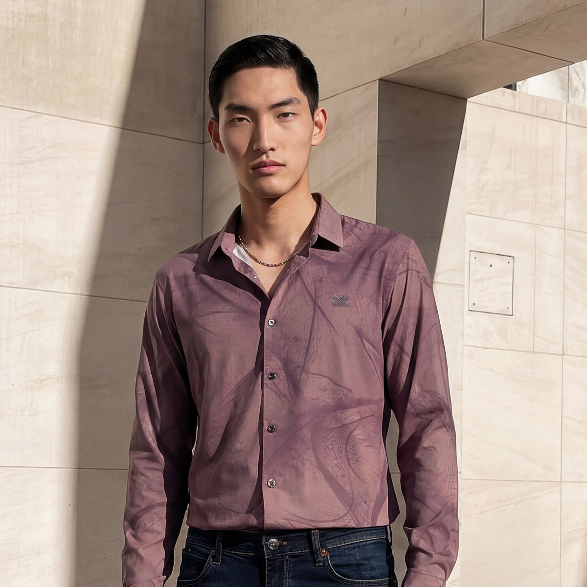Full Sleeves Slim Fit Dusty Pink flowing vines Print Knit Shirt