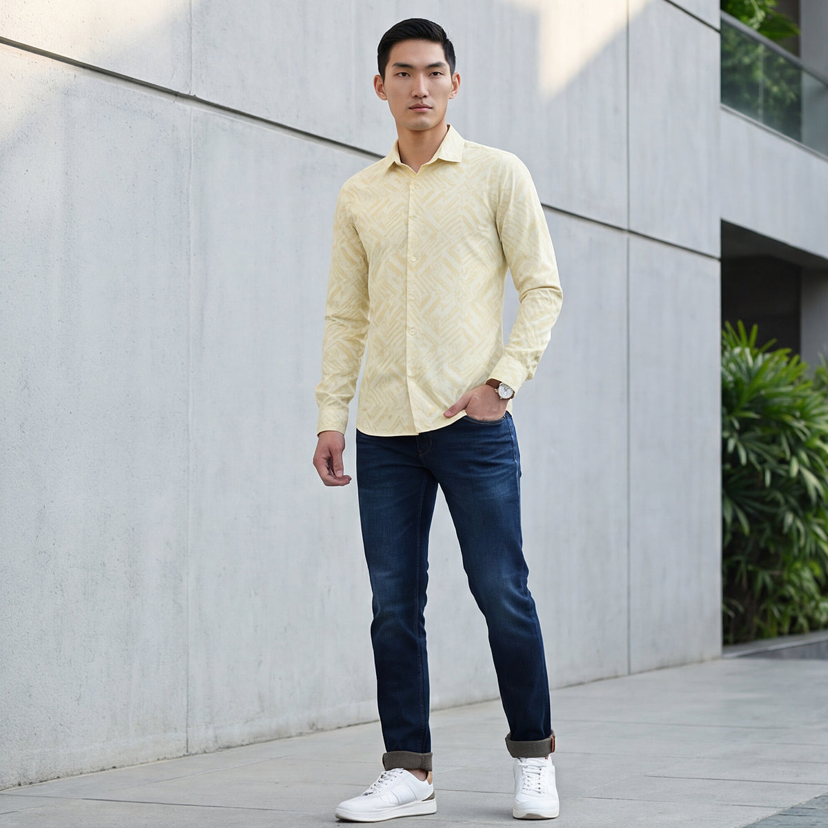 Full Sleeves Slim Fit Yellow All Over Abstract Geometric Print Knit Shirt