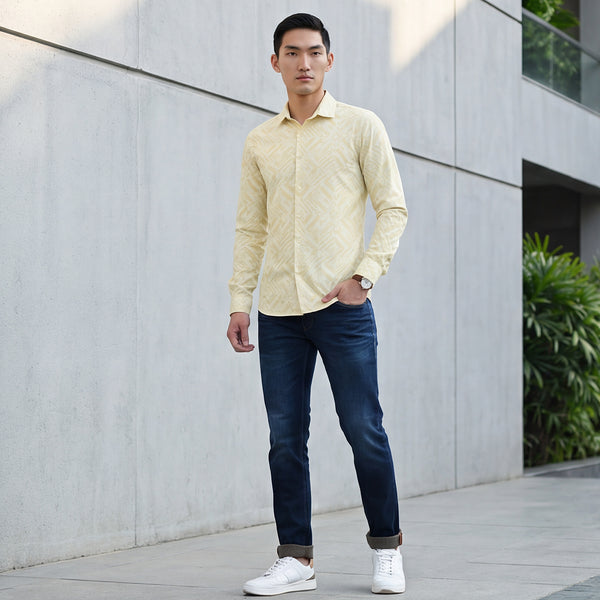 Full Sleeves Slim Fit Yellow All Over Abstract Geometric Print Knit Shirt