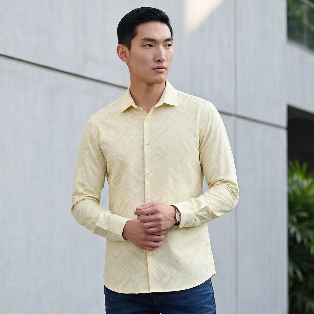 Full Sleeves Slim Fit Yellow All Over Abstract Geometric Print Knit Shirt