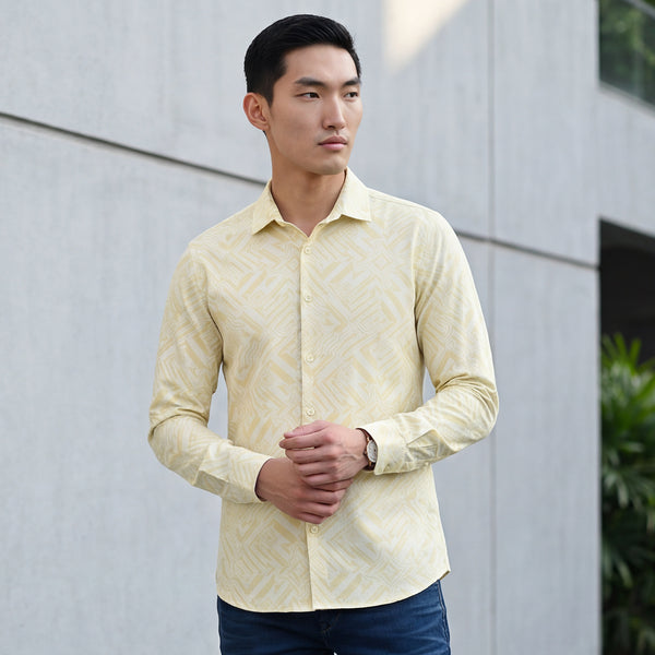 Full Sleeves Slim Fit Yellow All Over Abstract Geometric Print Knit Shirt